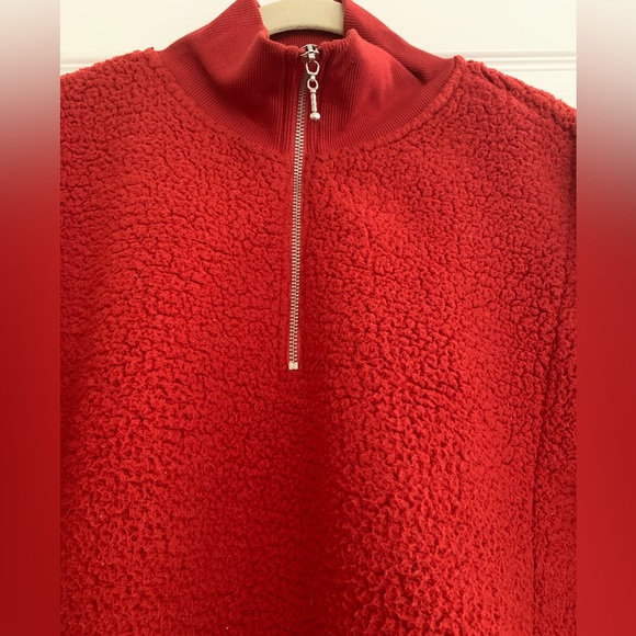 Banana Republic Sherpa Sweater Brick Red Color Neck Zipper Side Pockets Women L - Picture 3 of 7